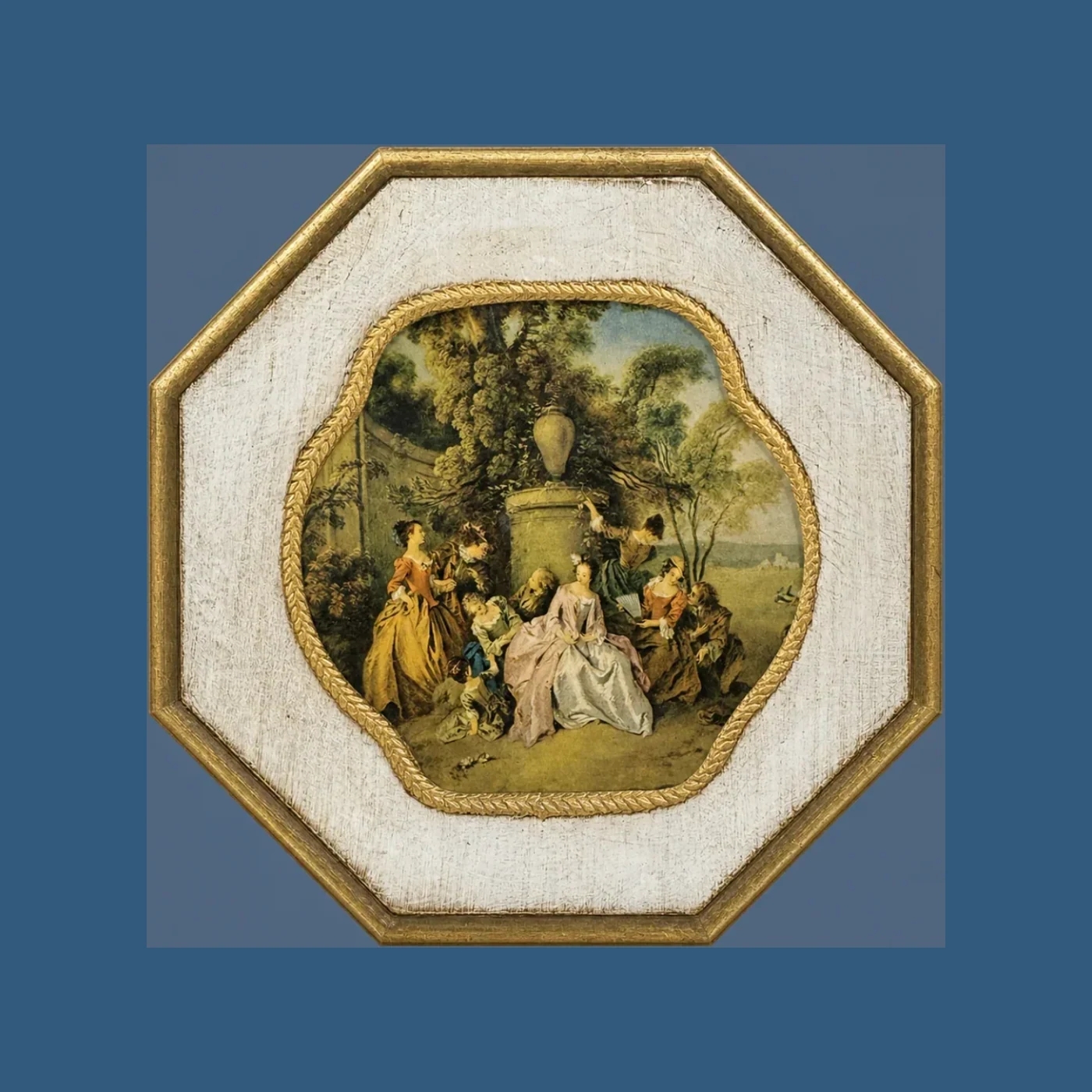 Octagonal miniature roundel, garden gathering scene by Artist unknown