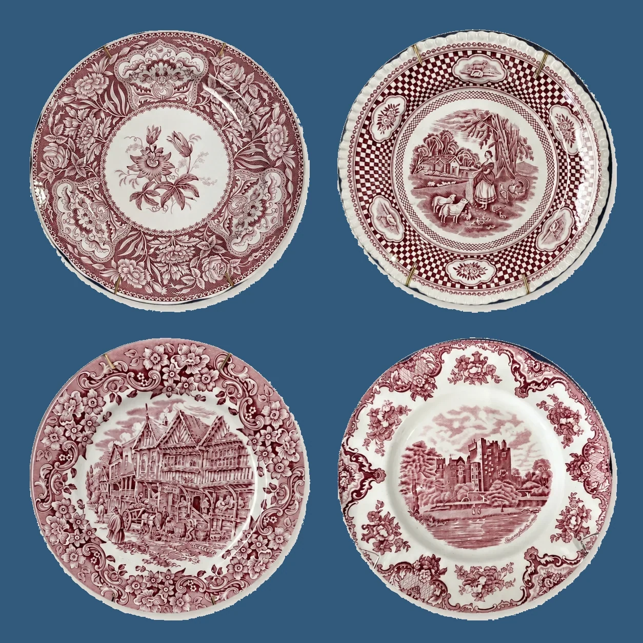 Red transferware plates by Maker unrecorded