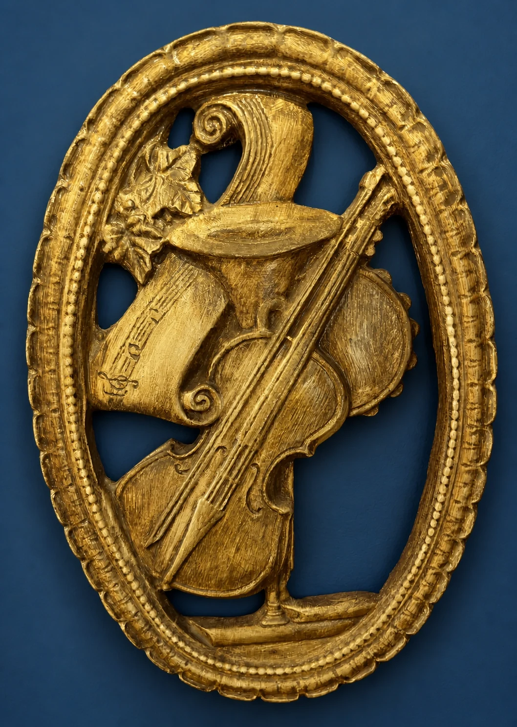 Carved plaque of instruments by Maker unrecorded