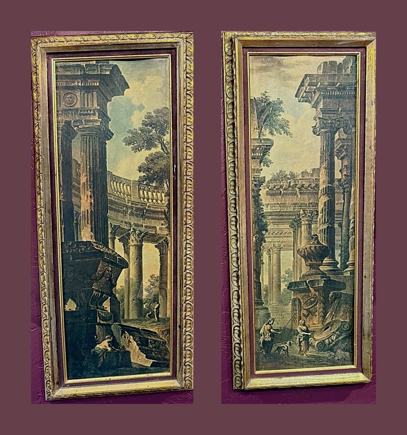 Architectural Capriccio with Roman Ruins and Figures, a matched pair of panels by Giovanni Paolo Panini