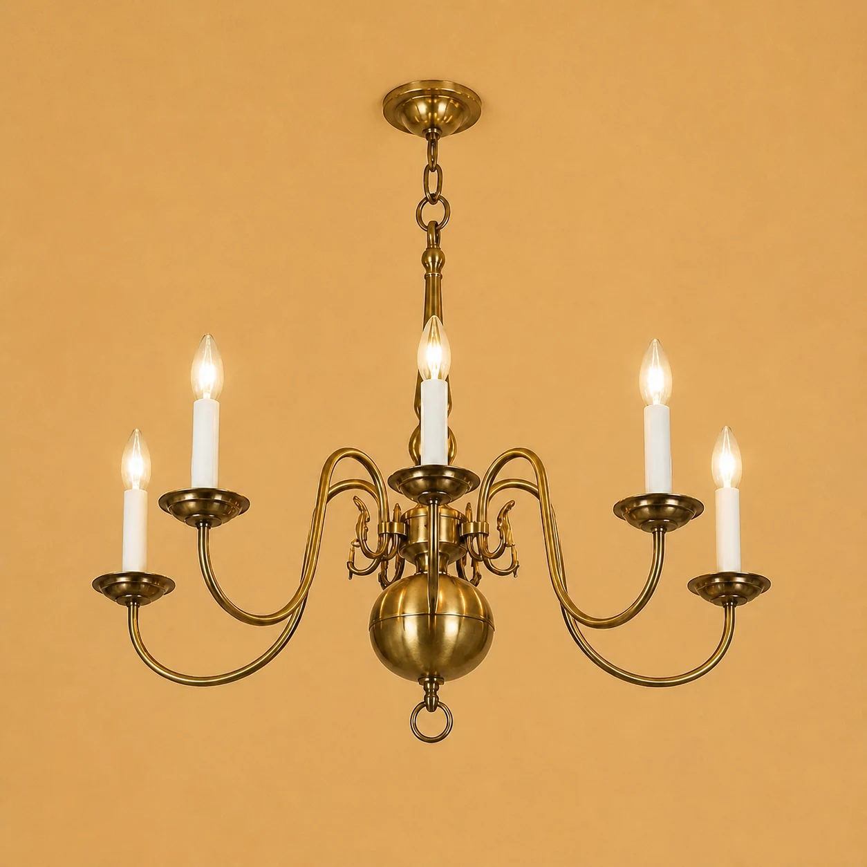 Brass Candle-Arm Chandelier by Maker unrecorded