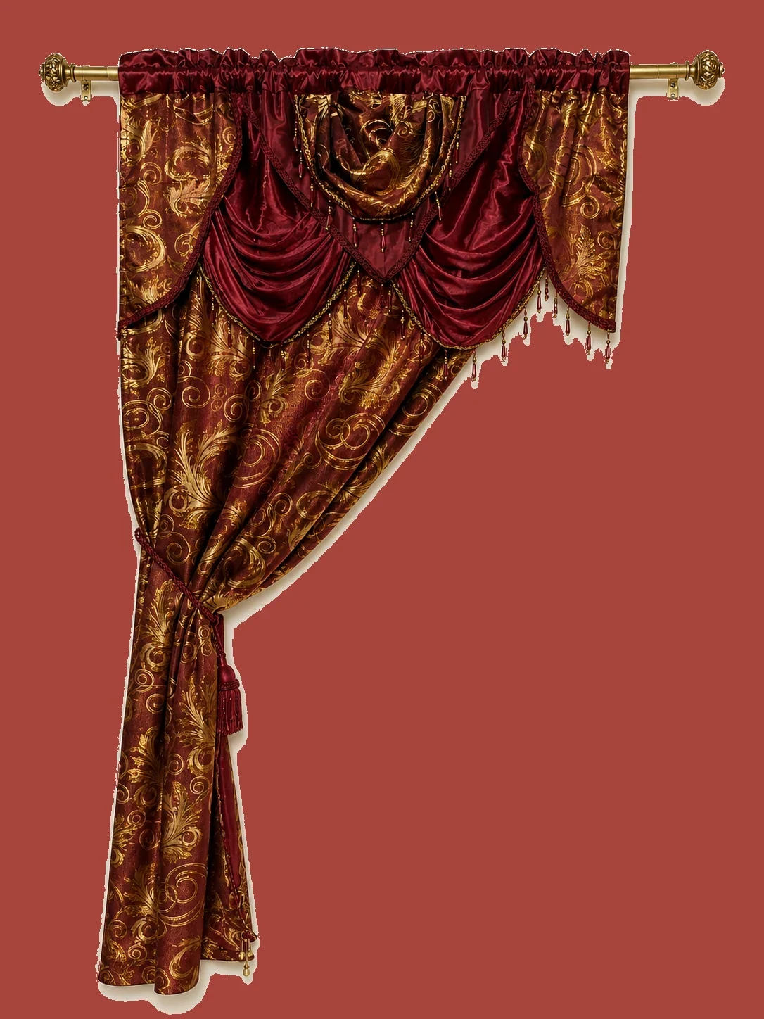 Burgundy and Gold Curtain Treatment by Maker unrecorded