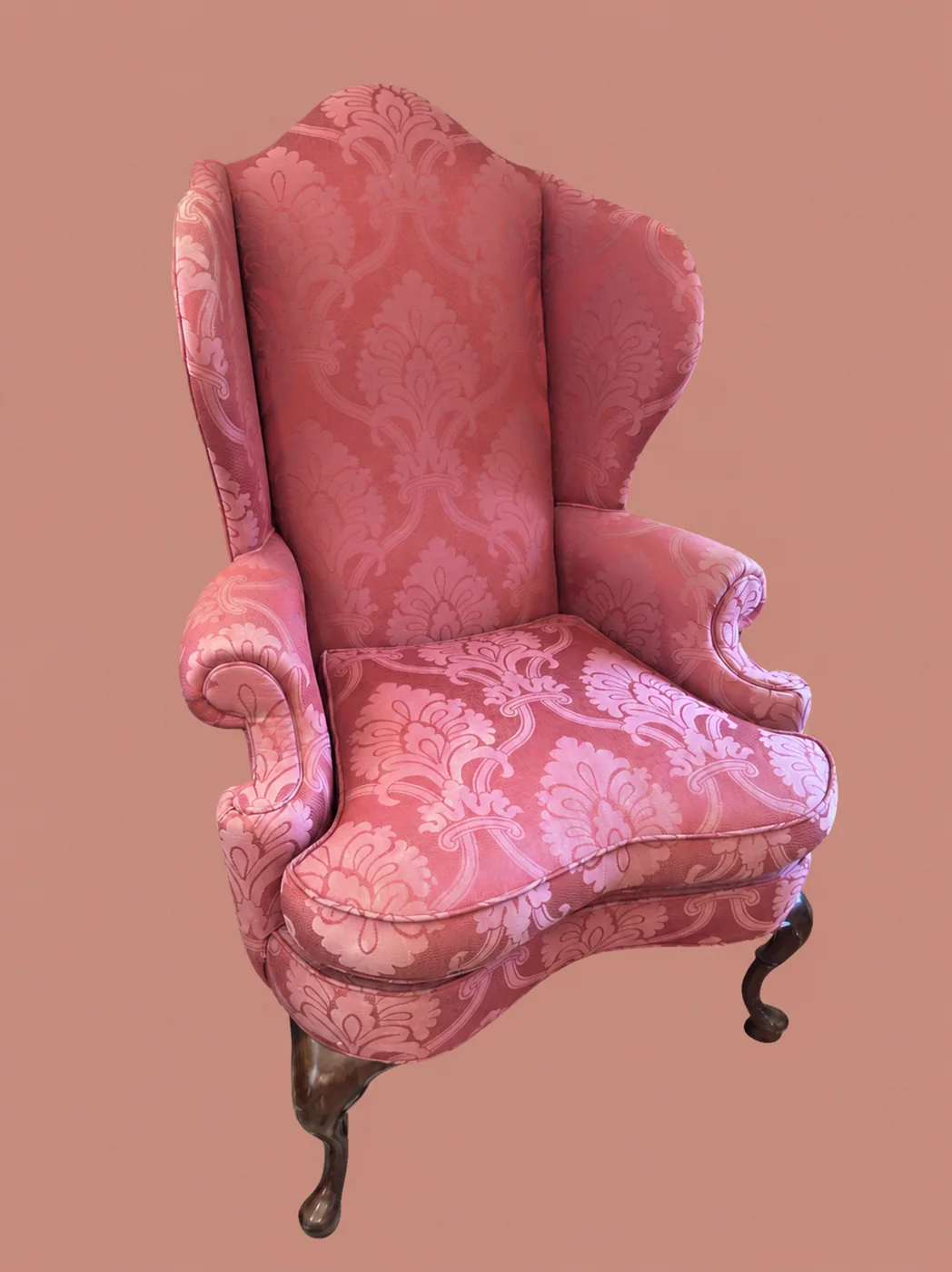 Pink Damask Wingback Chair by Maker unrecorded
